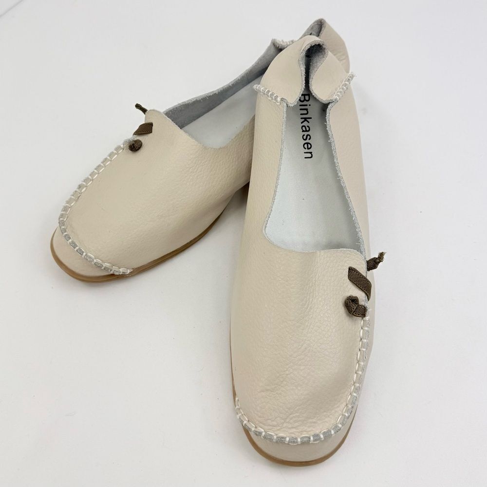 Binkasen Cream Leather Slip On Conversion Heel Moccasin Driving Walking Loafers